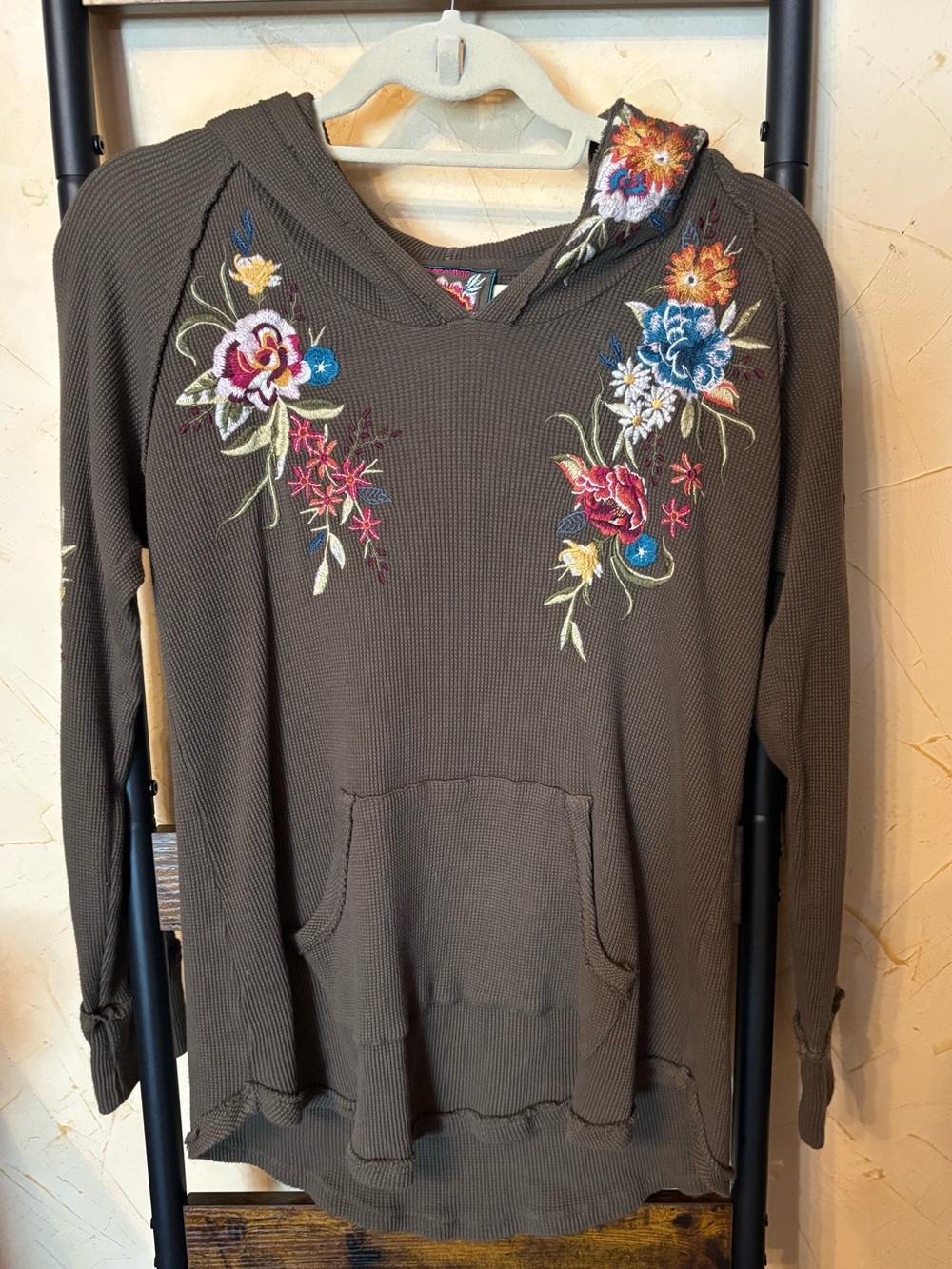 Johnny Was Olive Green Embroidered Floral Hoodie Size M
